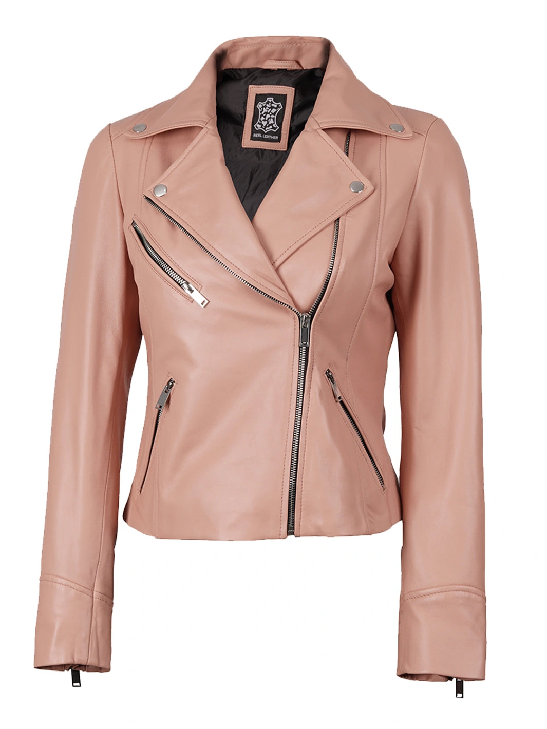 Women's pink asymmetrical biker leather jacket with a snap-button lapel collar, zipper cuffs, and multiple pockets.