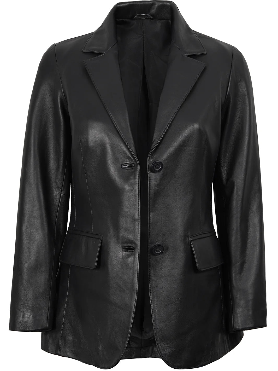 Black Two-Button Real Leather Blazer Womens