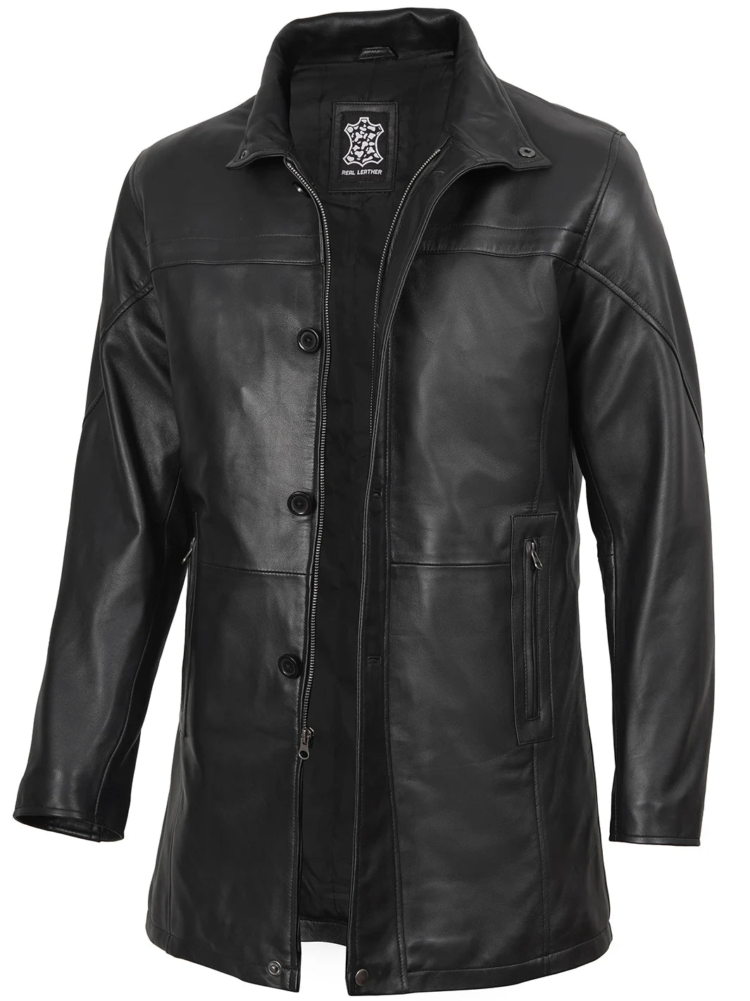 Black leather car coat mens