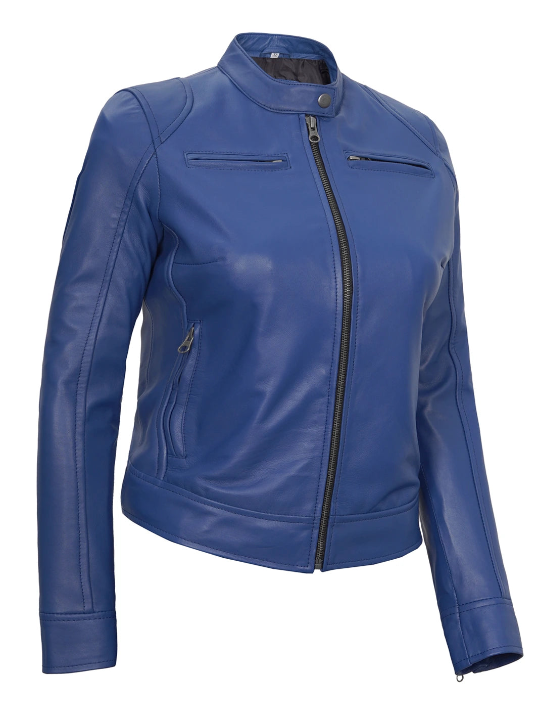 Dodge Blue Leather Cafe Racer Jackets for Women