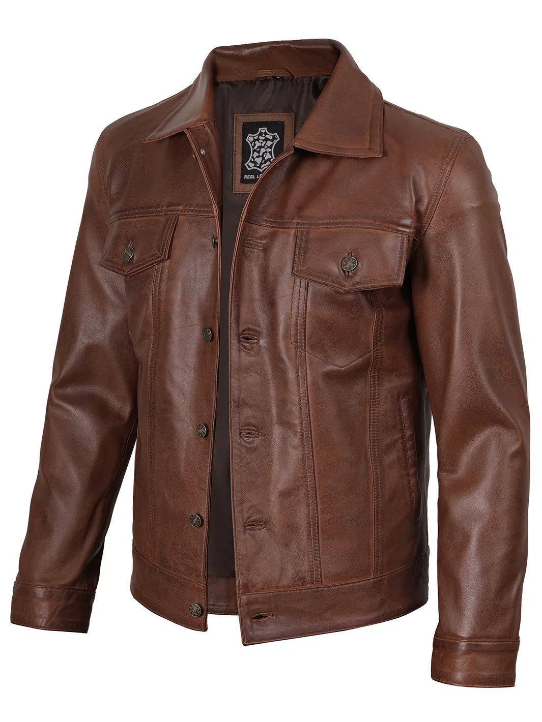 Fernando Cognac Harrington Leather Trucker Jacket For Men