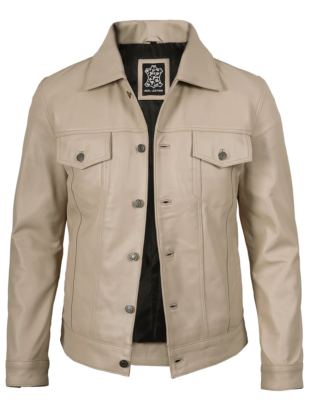 Mens Beige Real Leather Trucker Jacket 