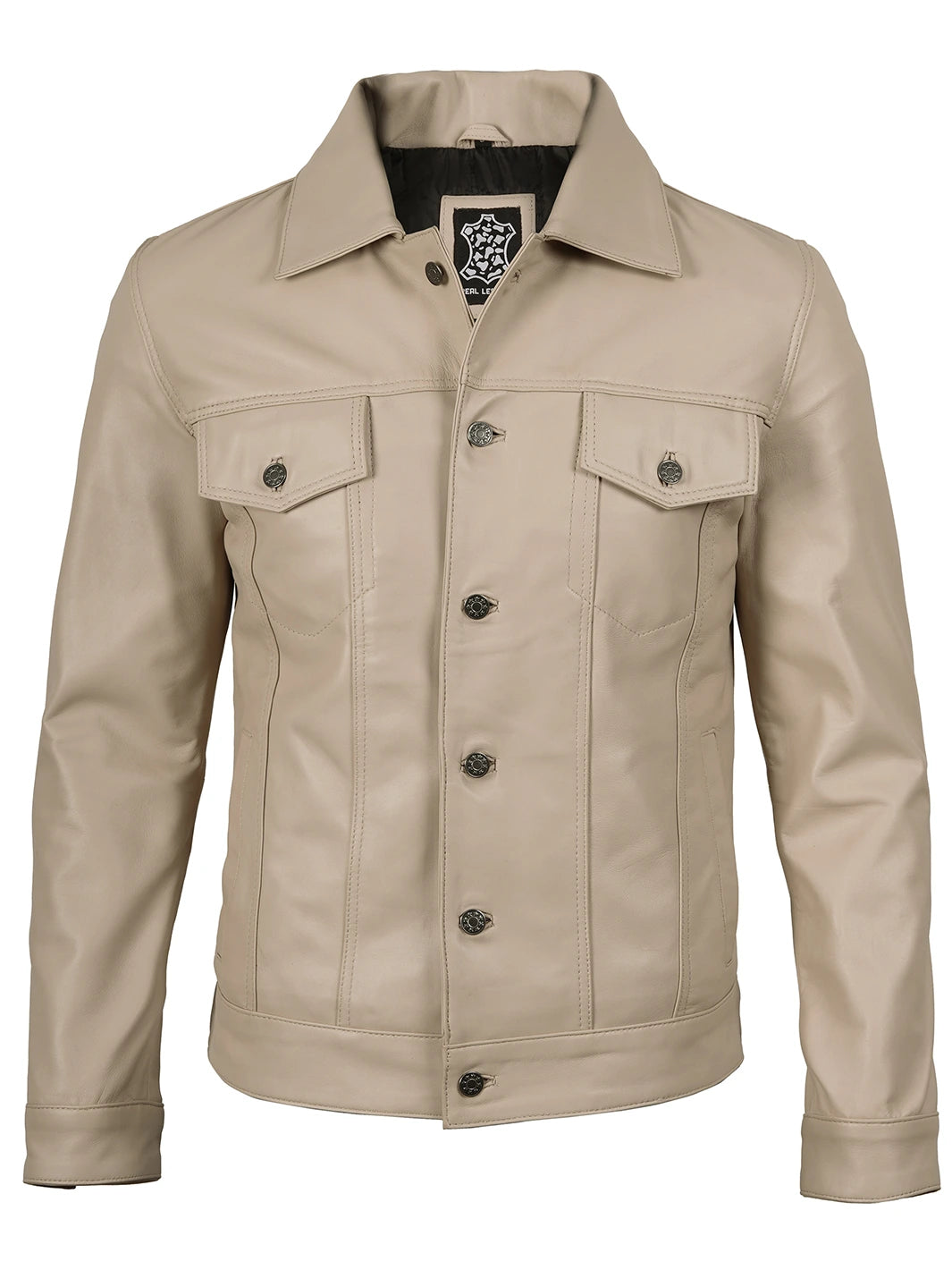 Mens Beige Trucker Leather Jacket 