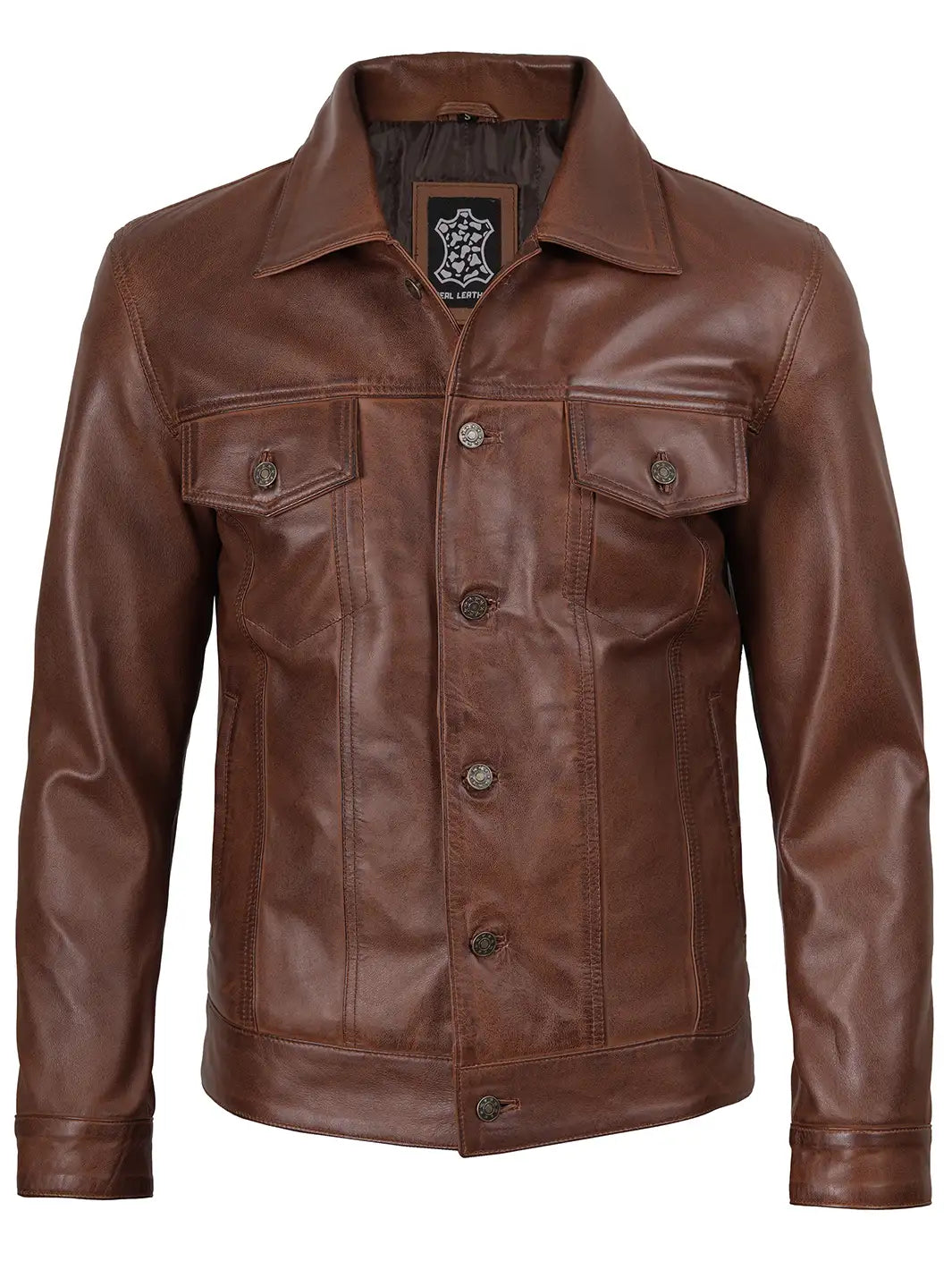 Mens Cognac Trucker Leather Jacket 