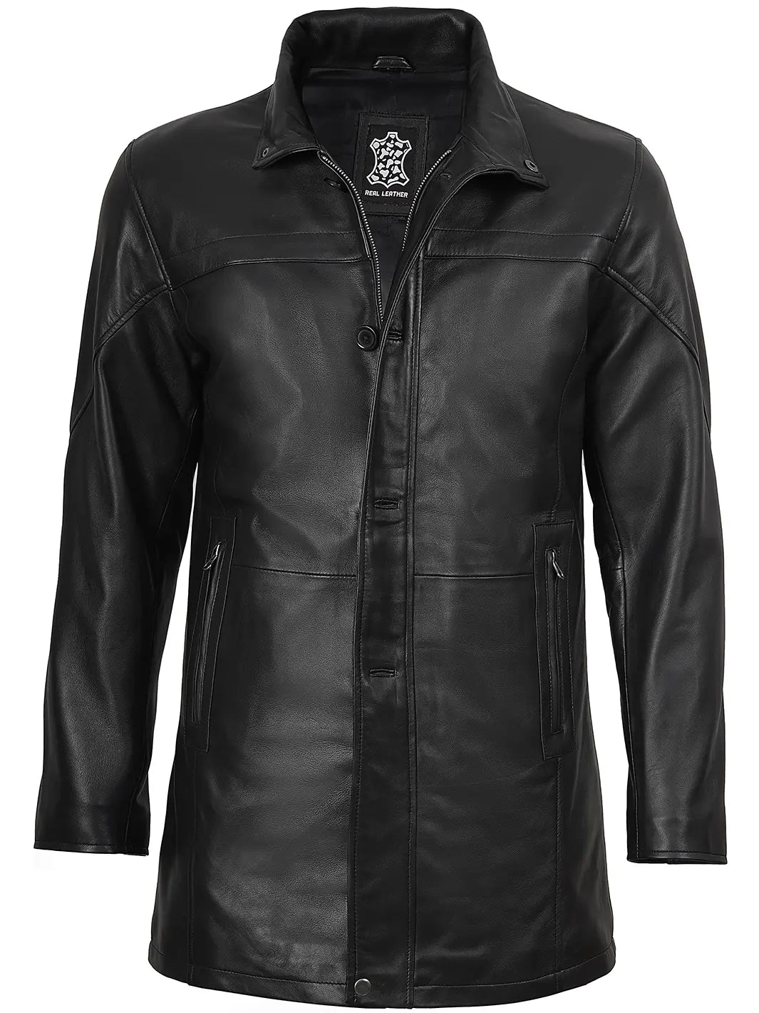 Mens Lambskin Black Real Leather Car Coat