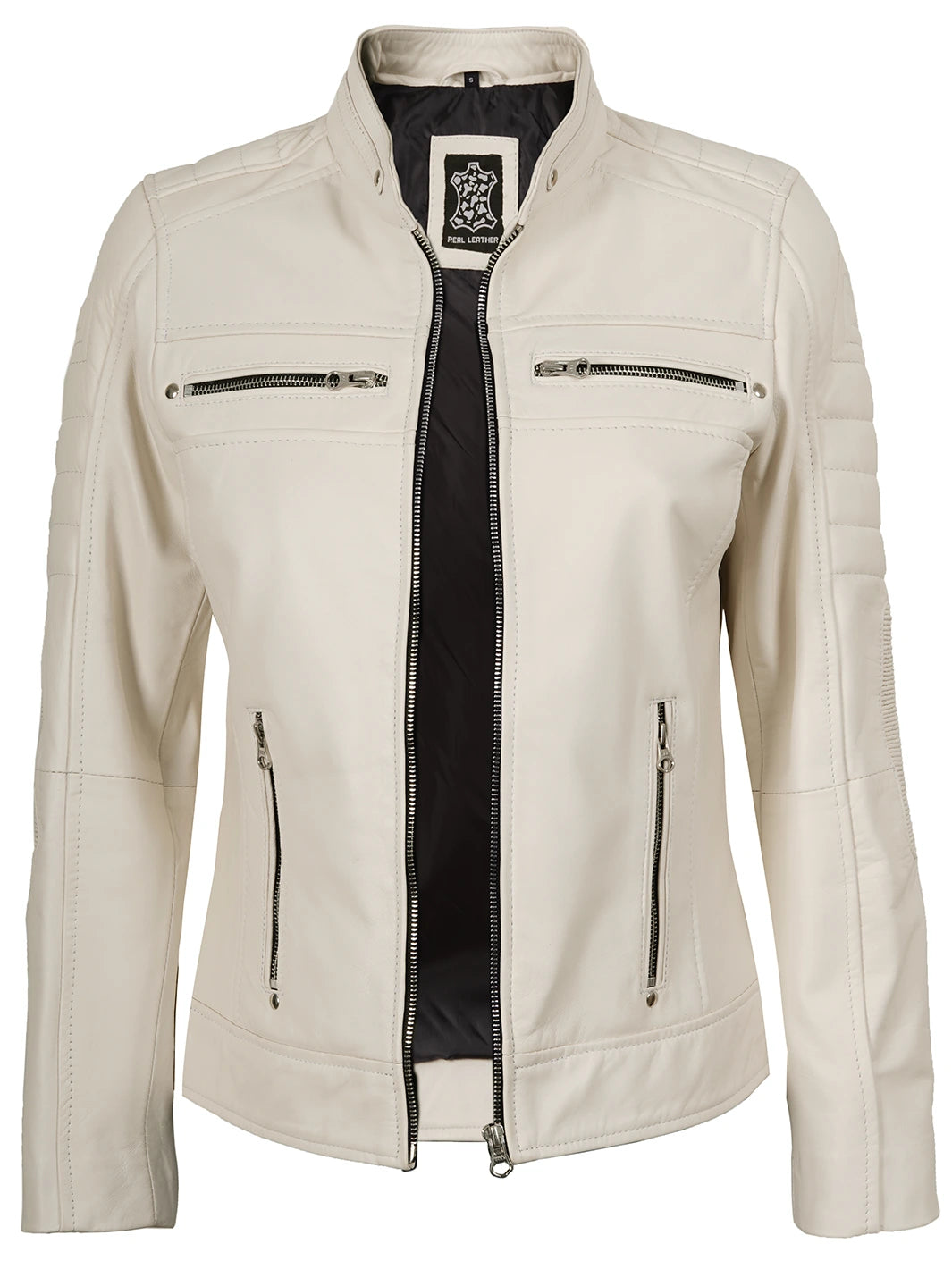 Women Off White Leather Jacket Biker