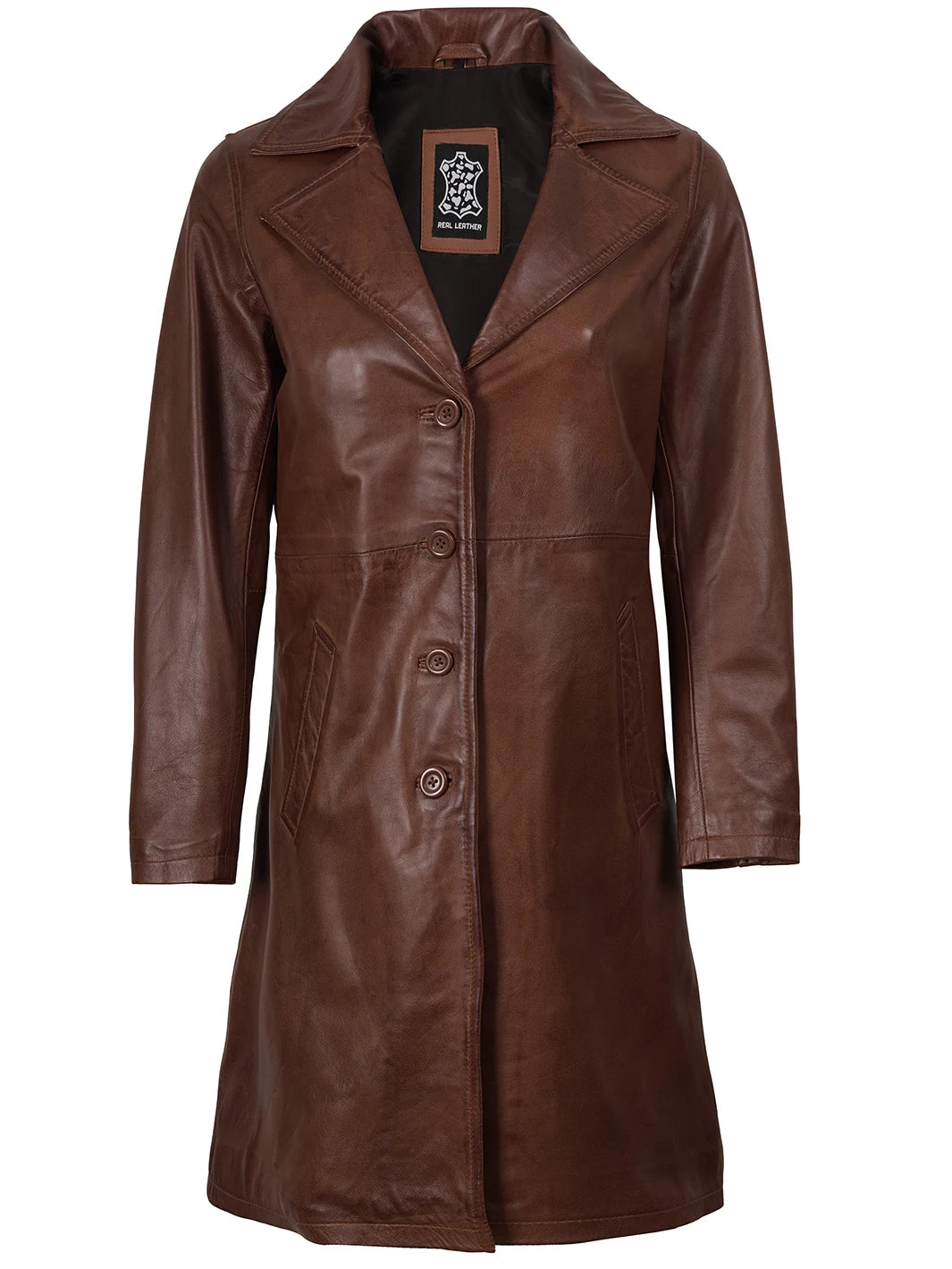 Womens Cognac Brown Leather Long Coat 
