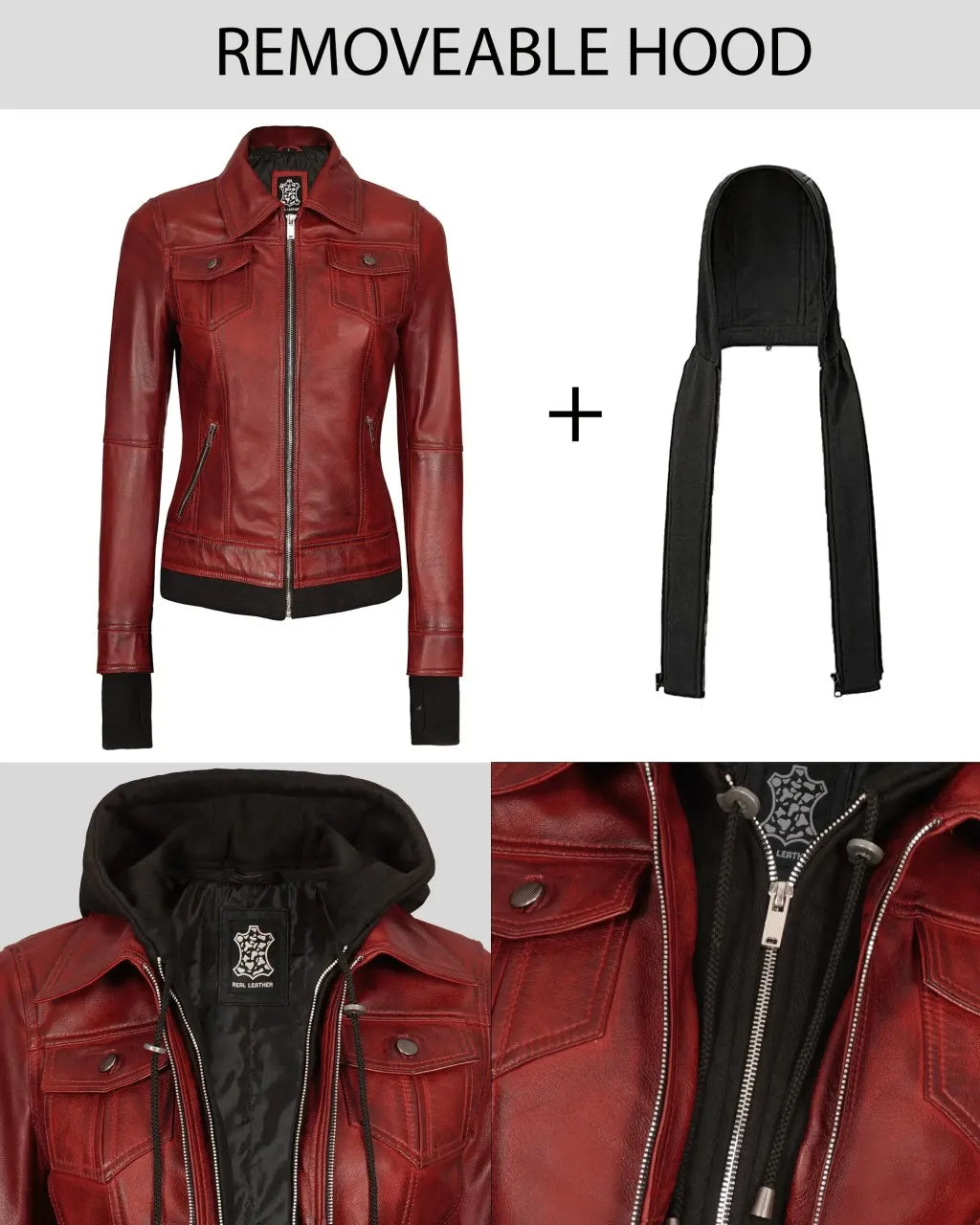 Red leather jacket with removable hood and close-up details.